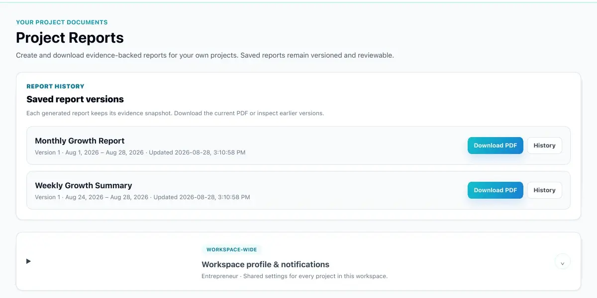 SEnuke AI Project Reports showing saved Monthly Growth Report and Weekly Growth Summary